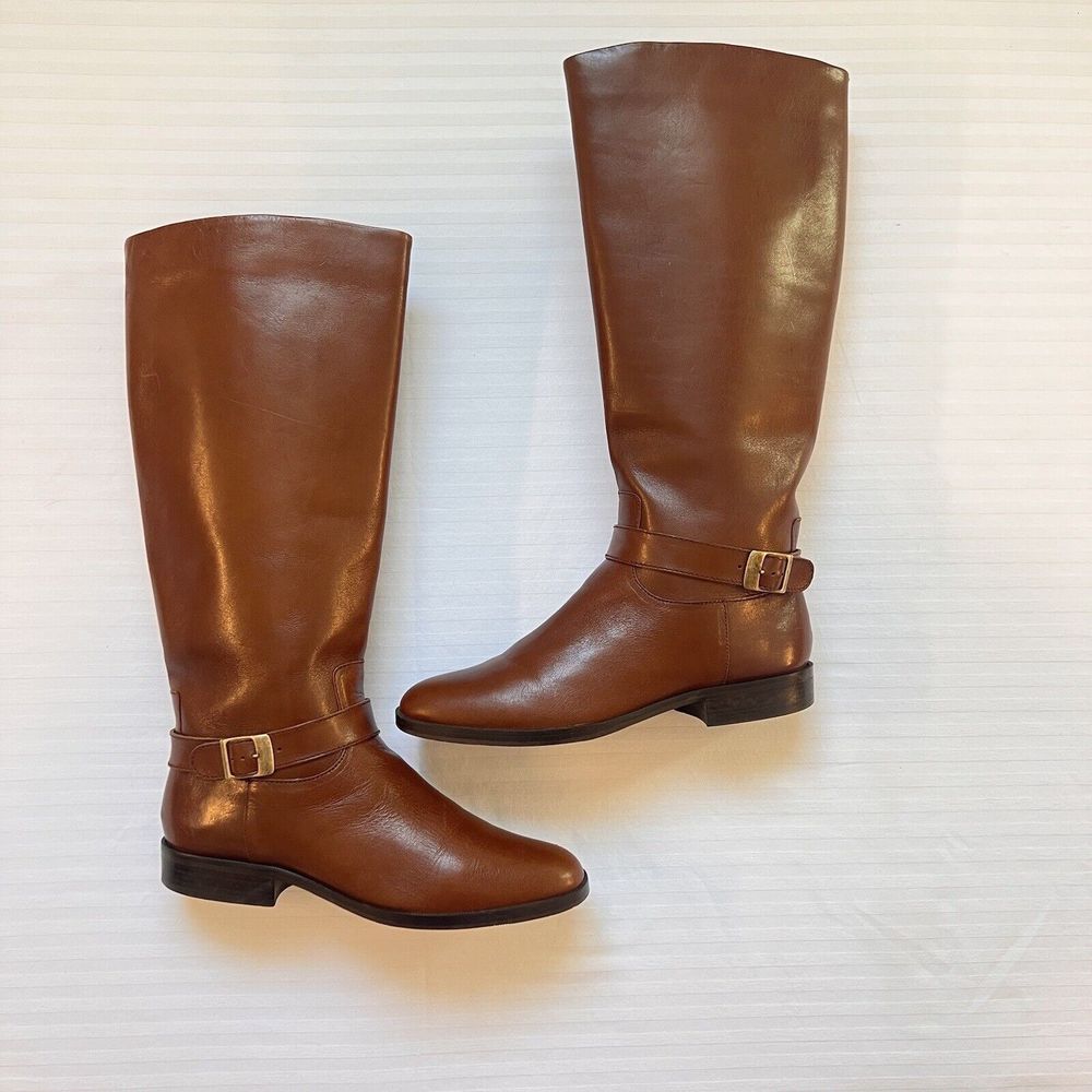 Etienne Aigner Sz 8M Knee high Riding Boots Chestnut Brown Leather Gold Buckle